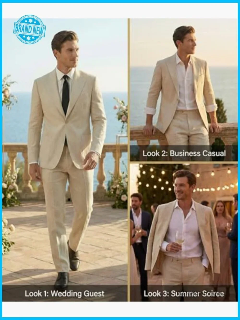 Linen Suit Two Piece Set Slim Fit Business Wedding Prom Tuxedo Blazer Pants